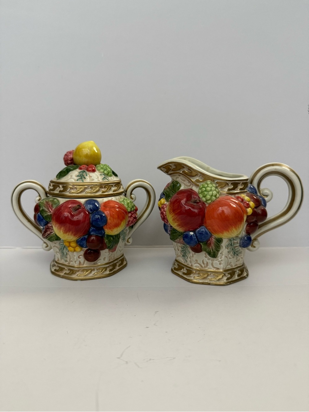 Fitz $ Floyd Venezia Raised Fruit Pattern Sugar & Creamer